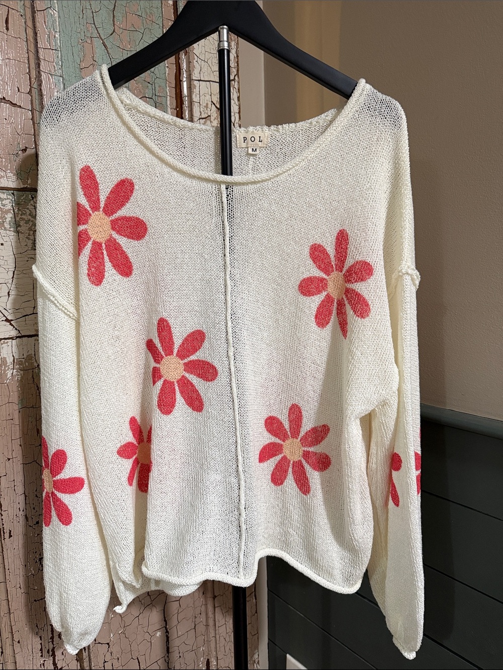 POL Clothing Medium Ivory Pink Daisy Floral Oversized Knit Sweater Boho